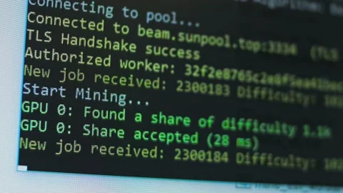 Launching the crypto miner. Crypto miner program window showing the process of Stock Footage 149848232