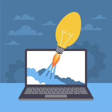 Launching idea. Start of innovation. Rocket in light bulb form on laptop screen Illustrazione stock
