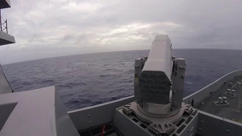 Launching missiles from the ship's multiple launch rocket launcher Video stock 121029911