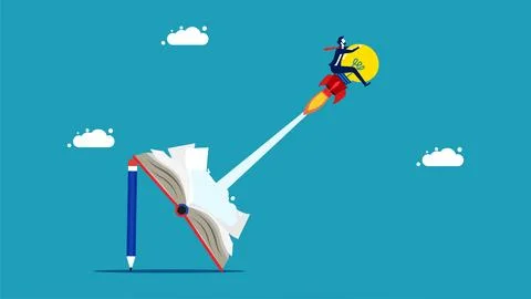 Launching a new concept. light bulb rocket shot out of a book Illustrazione stock