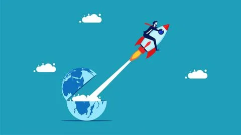 Launching new innovations. launch rocket flying out of the open world Stock Illustration