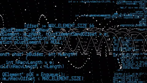 Launching oscillating dotted waveform on black field, overlaying cyan code Video stock 313494213