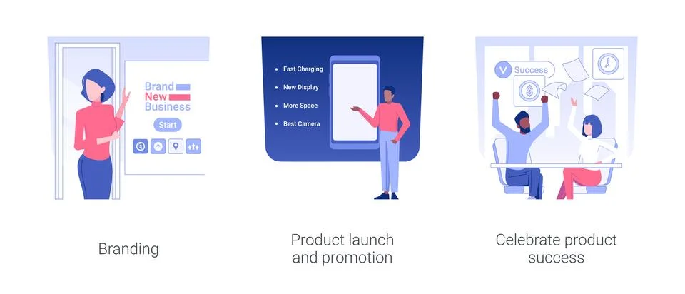 Launching product process isolated concept vector illustrations. Illustrazione stock