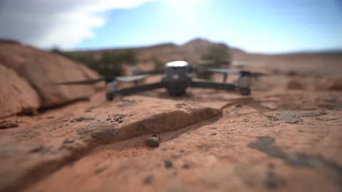 Launching Quadcopter Drone in Red Rock Desert Landscape, Slow Motion 스톡 동영상 158787203