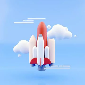 Launching rocket on blue sky background. Startup and exploration concept. 3D Stockillustratie