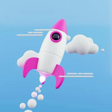 Launching rocket on blue sky background. Startup and exploration concept. 3D Stock Illustration