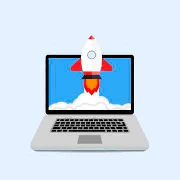 Launching startup with laptop. Start rocket Illustrazione stock