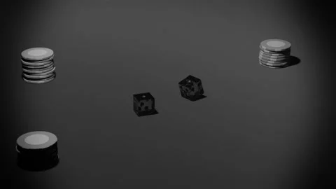 Launching two clear dice showing pips spinning, colliding and rolling on dark Stock Footage 340268356