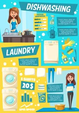 Laundry and dish washing home service, vector Stock Illustration