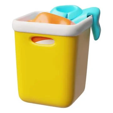 Laundry basket of the cloth 3D plastic vector icon, dirty clothes in yellow Stock Illustration