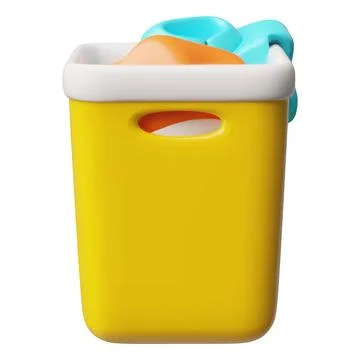 Laundry basket with cloth 3D plastic vector icon, dirty clothes in yellow Stock Illustration