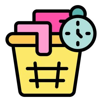 Laundry basket with clothes and timer showing washing time Illustrazione stock
