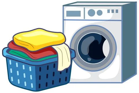 Laundry Basket with Folded Clothes and Washing Machine イラスト素材