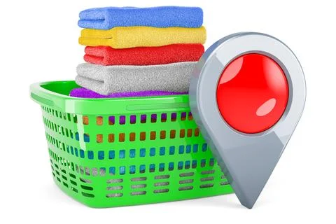 Laundry basket full of clean clothes with map pointer, 3D rendering 库存插图
