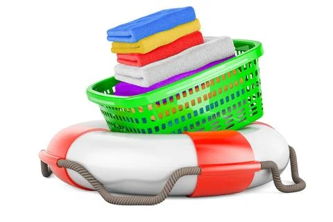 Laundry basket full of clean clothes inside lifebelt, 3D rendering Stock Illustration