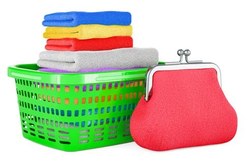 Laundry basket full of clean clothes with purse coin, 3D rendering Illustrazione stock