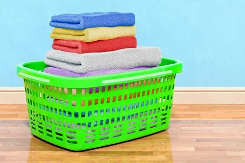 Laundry basket full of clean clothes in room near wall, 3D rendering Stock Illustration