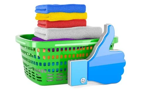 Laundry basket full of clean clothes with like icon, 3D rendering Stock Illustration