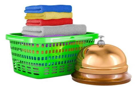 Laundry basket full of clean clothes with reception bell, 3D rendering Stock Illustration