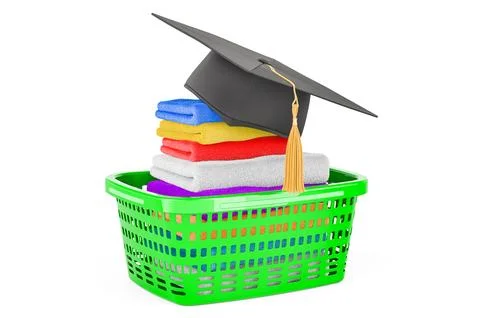 Laundry basket full of clean clothes with graduation cap. 3D rendering Stock Illustration
