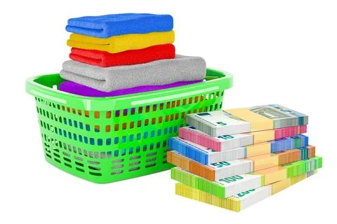 Laundry basket full of clean clothes with euro packs. 3D rendering Stock Illustration