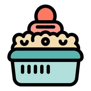 Laundry basket full of soapy clothes with dispenser and detergent pod Ilustración de archivo