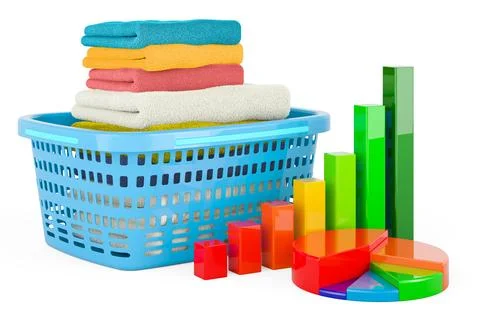Laundry basket with growth bar graph and pie chart. 3D rendering Stock Illustration