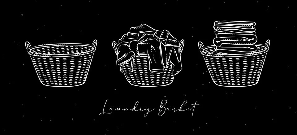 Laundry baskets with different clothes graphic style black Stock Illustration