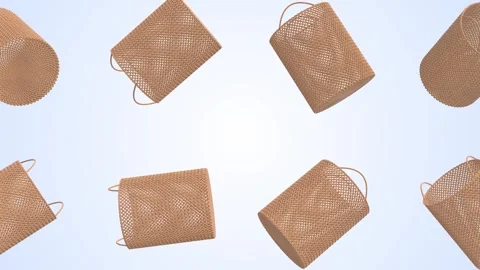Laundry Baskets Falling on a Light Blue Background. Wicker Basket 3D Animation. Stock Footage 311044768