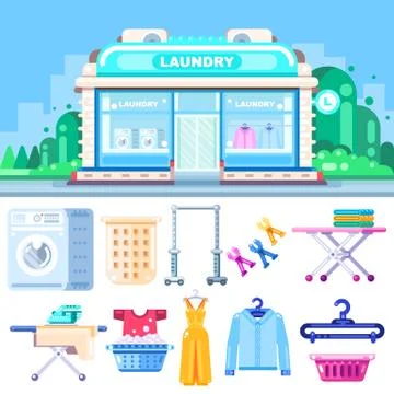 Laundry building, vector flat illustration. Laundry, dry cleaning, clothes wa Ilustración de archivo