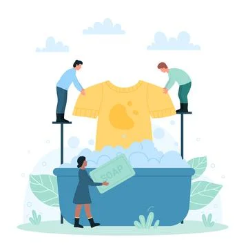 Laundry cleaning service with tiny people holding dirty shirt and soap to wash Illustration
