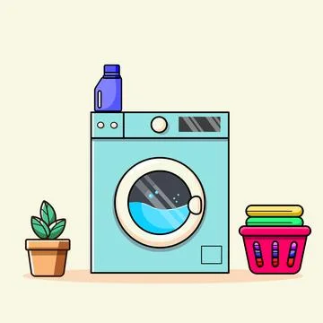 Laundry Day Essentials with Washing Machine and Clothes Basket Vector Stock Illustration