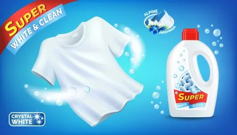 Laundry detergent ad with clean white T-shirt and liquid product package Stock Illustration