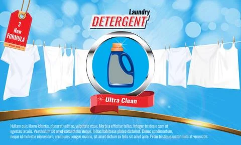 Laundry detergent ads template with package design, white clothes and nice bokeh Stock Illustration