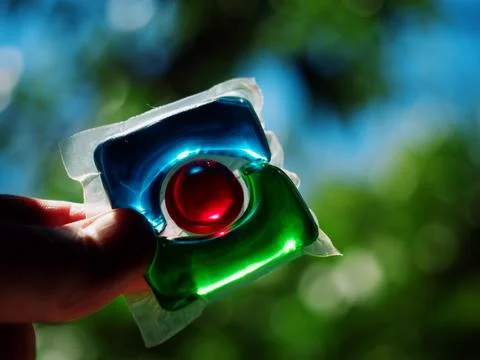 Laundry detergent pod. Men hand holds colorful water soluble sachet. Packs .. Stock Photos