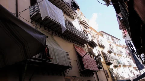 Laundry Drying On Balconies In Old Town Palermo Italy - 4K Stock Footage 345679623
