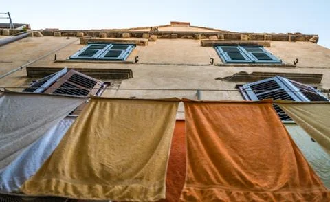 Laundry drying on a clothesline Stock Photos
