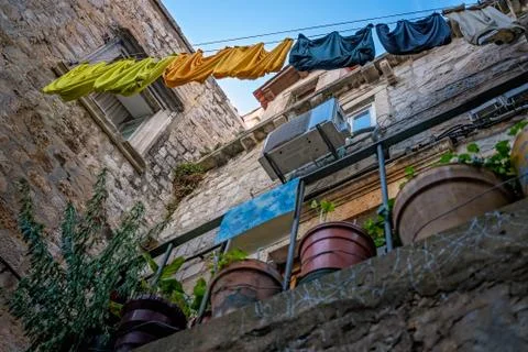 Laundry drying on a clothesline Stock Photos