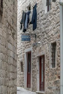 Laundry drying outside hostel in Kotor Stock Photos
