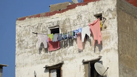Laundry drying on rope in Casablanca Stockbeeldmateriaal 111221876