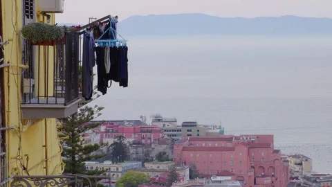 Laundry drying with a stunning view of Naples, Italy. Stock Footage 73005582
