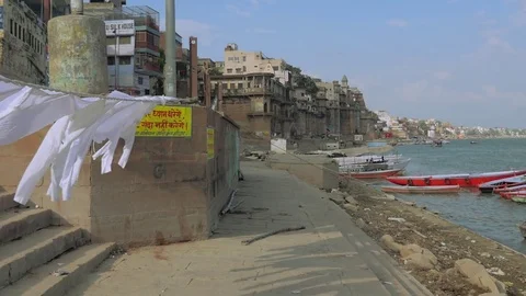 Laundry drying at Varanasi ghats of Ganges river, India Stock Footage 83745554