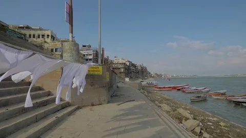 Laundry drying at Varanasi ghats of Ganges river, India Stock Footage 83745583