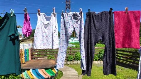 Laundry is drying in the yard on a sunny day. Slowmotion Stock Footage 341814804