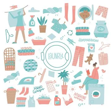 Laundry elements set. Washing machine, clean clothing. basin, iron and laundry Stock Illustration