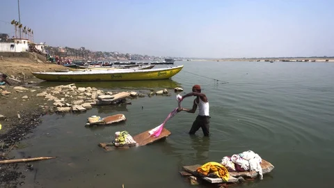 Laundry in Ganges River Stock Footage 103601127