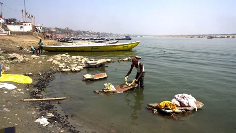 Laundry in Ganges River Stock Footage 103601199
