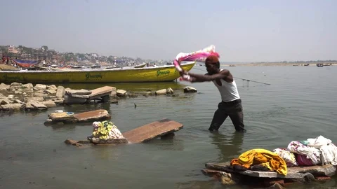 Laundry in Ganges River Stock Footage 103601407