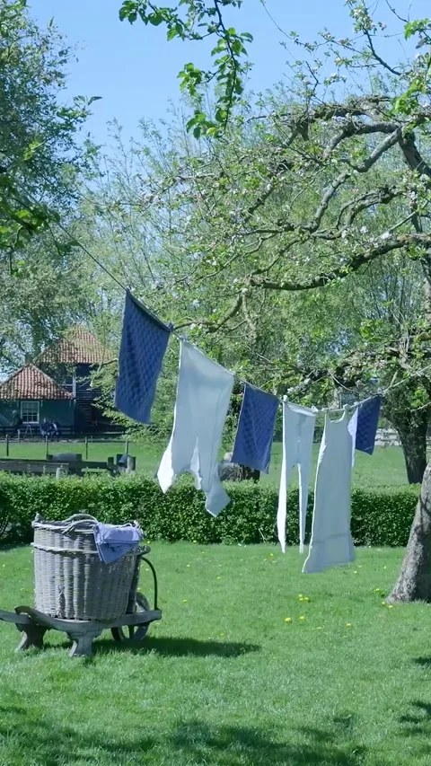 Laundry hanging on a clothesline blowing in the wind Видео 336496925