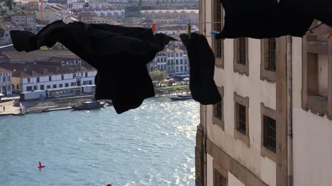 Laundry hanging, showcasing beautiful traditional Portuguese tiles. Stock Footage 305459396